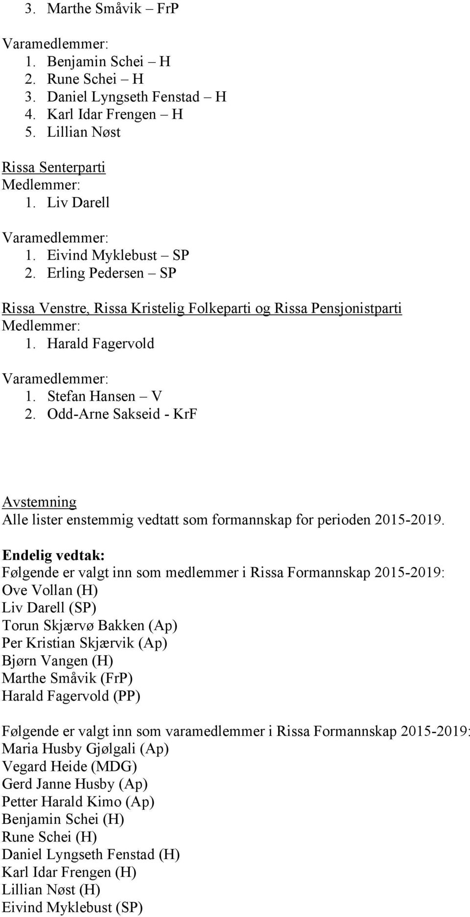 Odd-Arne Sakseid - KrF Avstemning Alle lister enstemmig vedtatt som formannskap for perioden 2015-2019.