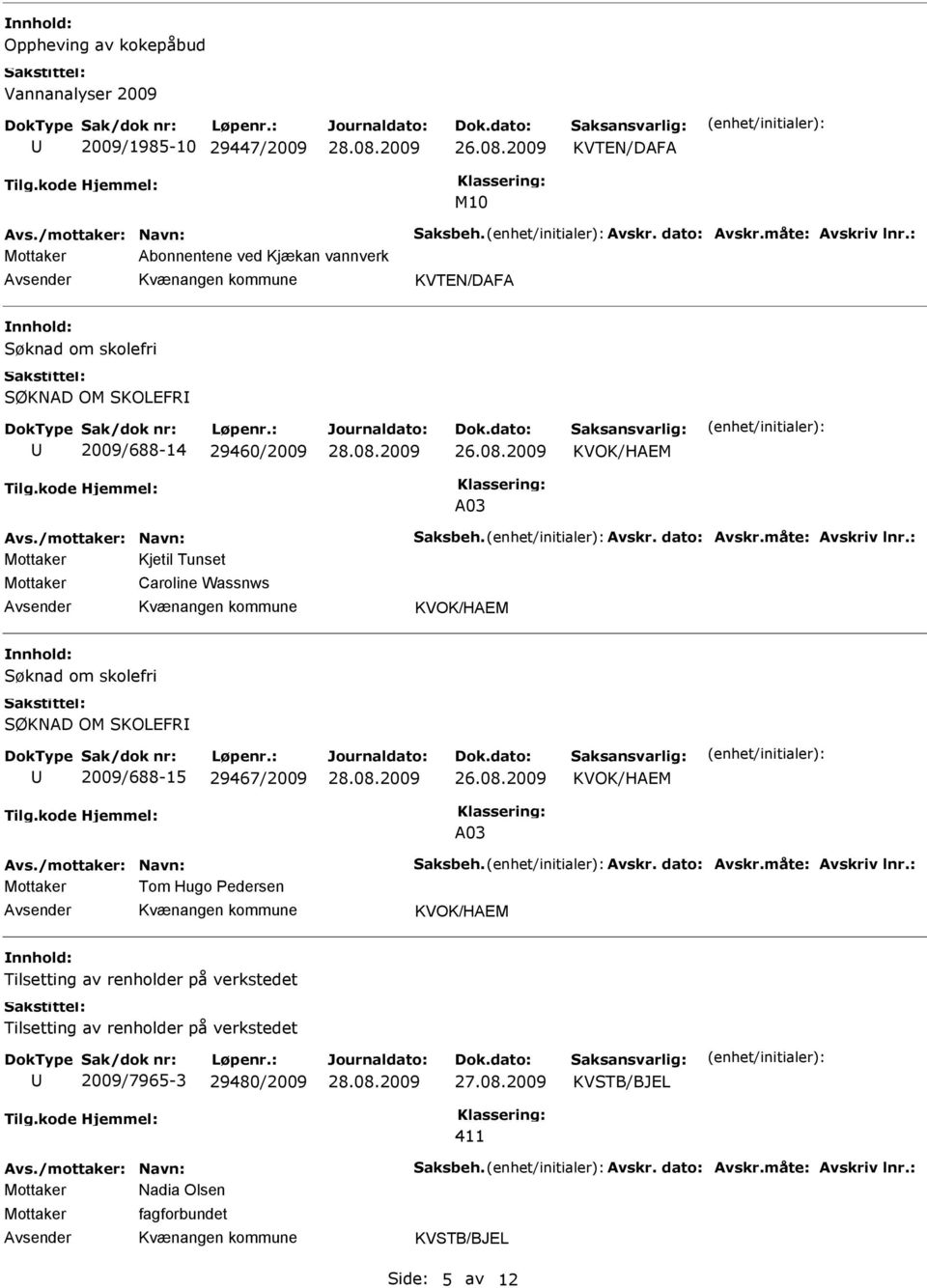 Wassnws Søknad om skolefri SØKNAD OM SKOLEFR 2009/688-15 29467/2009 A03 Tom Hugo Pedersen Tilsetting av