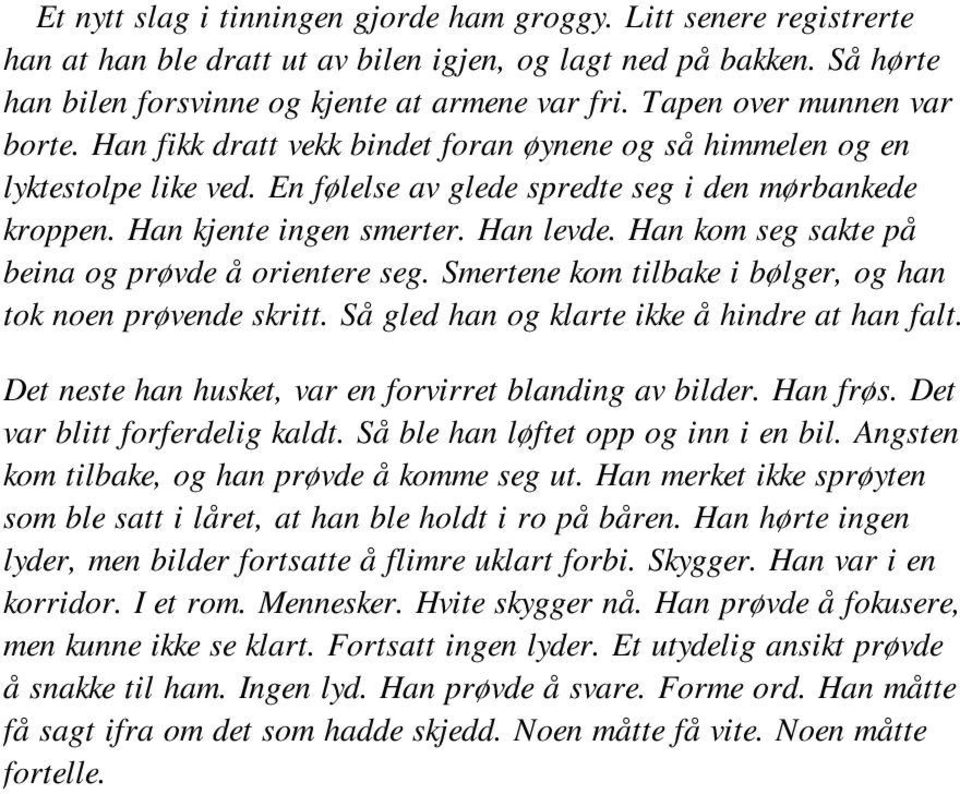 Han levde. Han kom seg sakte på beina og prøvde å orientere seg. Smertene kom tilbake i bølger, og han tok noen prøvende skritt. Så gled han og klarte ikke å hindre at han falt.