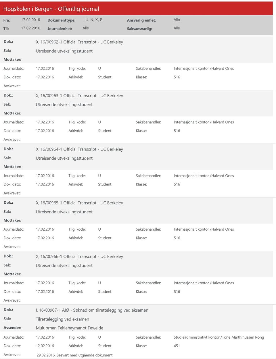 dato: Arkivdel: Student X, 16/00965-1 Official Transcript - C Berkeley treisende utvekslingsstudent Dok.