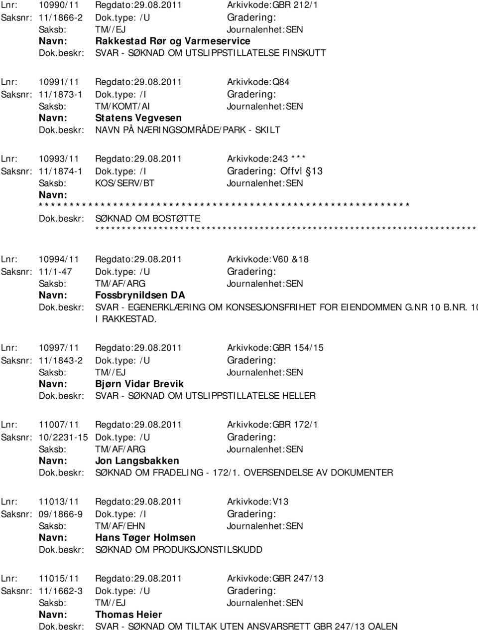 type: /I Offvl 13 Saksb: KOS/SERV/BT Journalenhet:SEN Dok.beskr: SØKNAD OM BOSTØTTE ************ Dok.beskr: SVAR - EGENERKLÆRING OM KONSESJONSFRIHET FOR EIENDOMMEN G.NR 10 B.NR. 10 Lnr: 10994/11 Regdato:29.