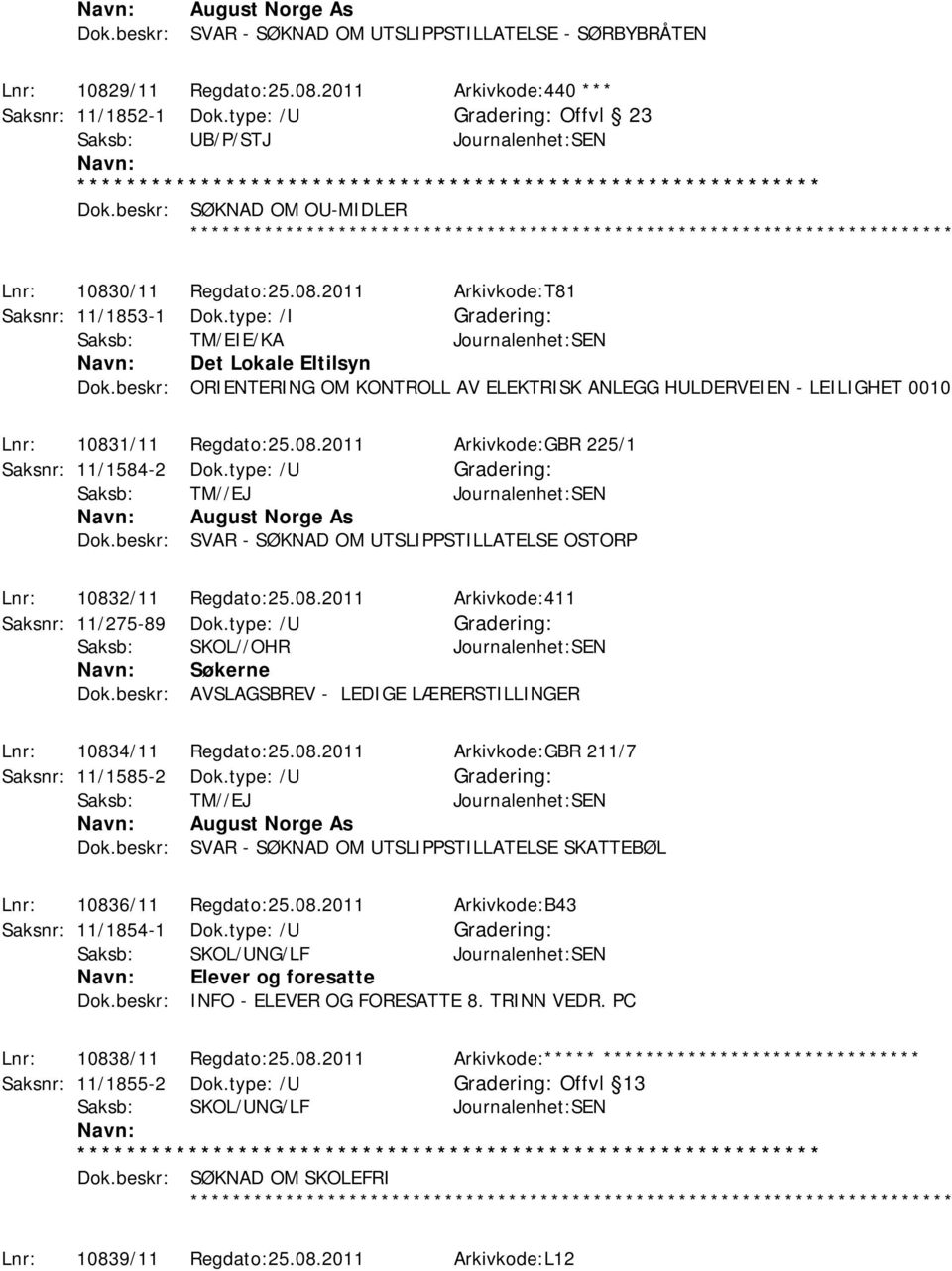 beskr: ORIENTERING OM KONTROLL AV ELEKTRISK ANLEGG HULDERVEIEN - LEILIGHET 0010 Lnr: 10830/11 Regdato:25.08.2011 Arkivkode:T81 Saksnr: 11/1853-1 Dok.