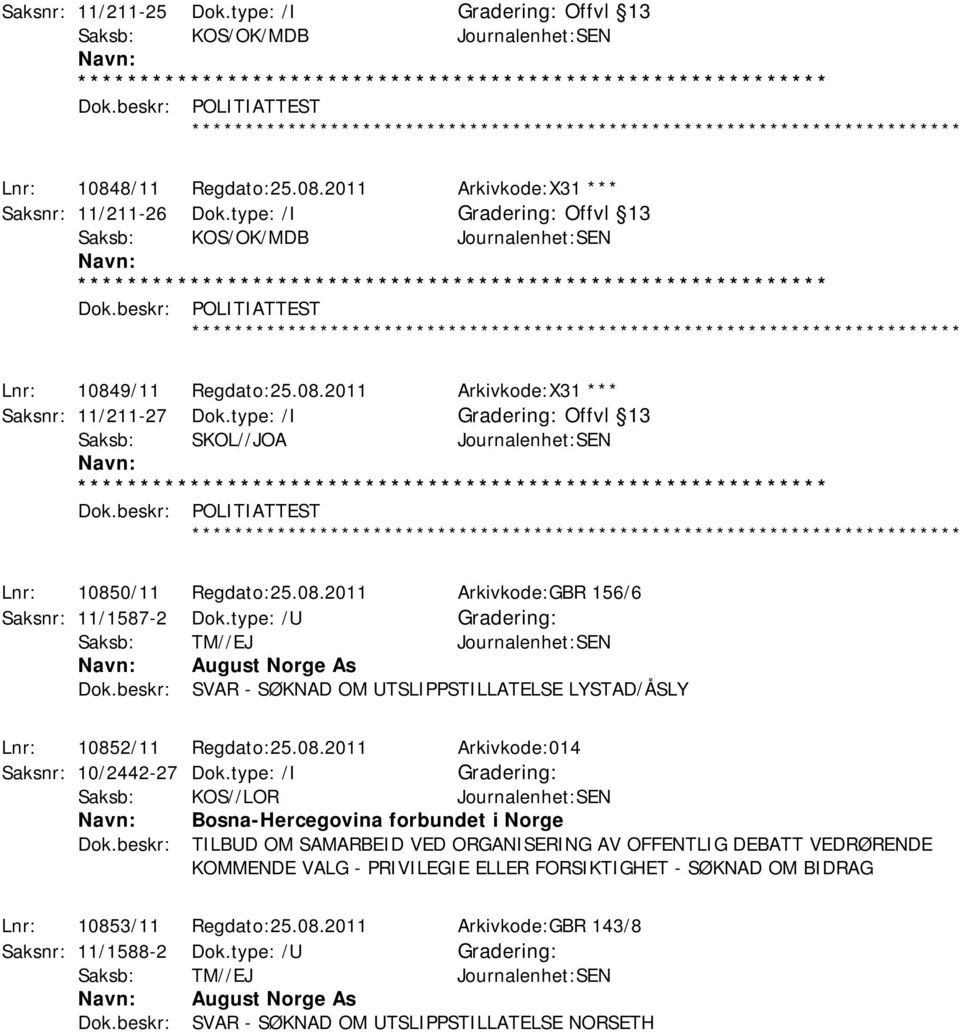 type: /I Offvl 13 Saksb: SKOL//JOA Journalenhet:SEN Dok.beskr: POLITIATTEST ************ Lnr: 10850/11 Regdato:25.08.2011 Arkivkode:GBR 156/6 Saksnr: 11/1587-2 Dok.type: /U August Norge As Dok.