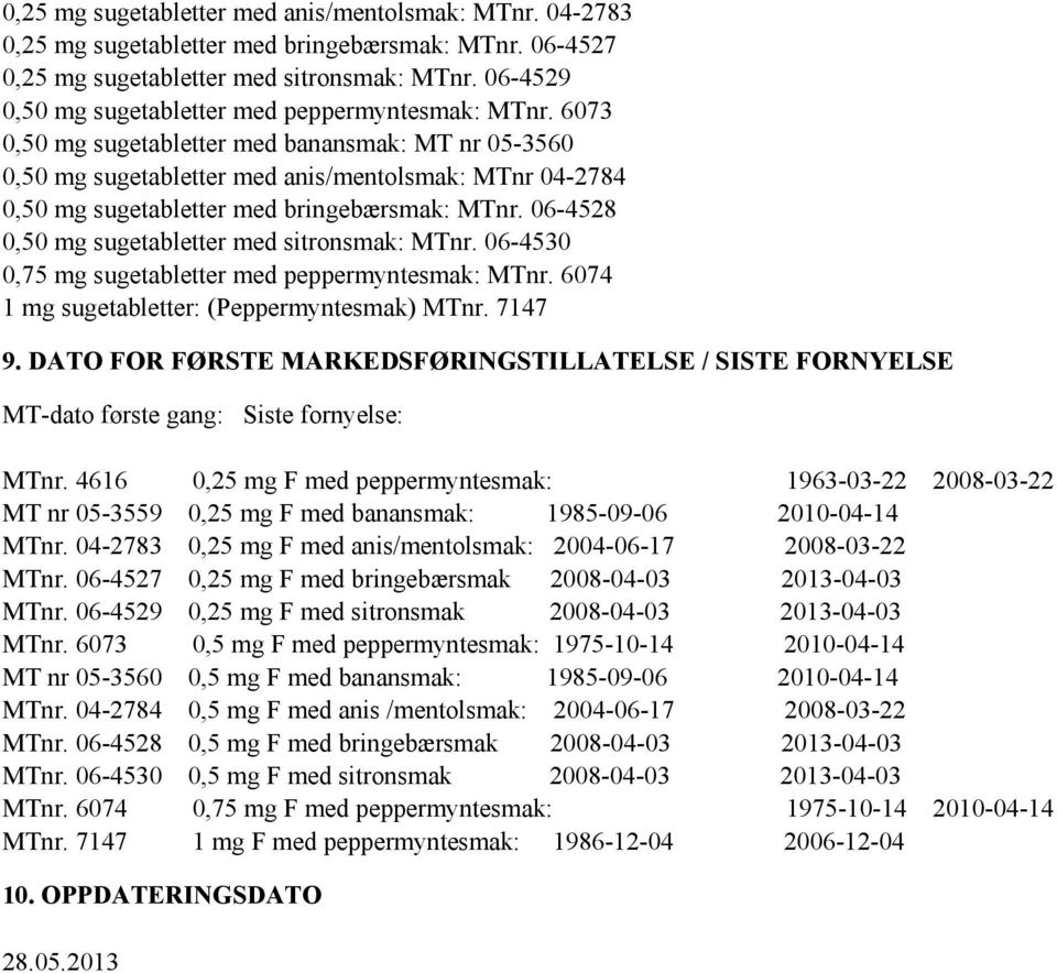 6073 0,50 mg sugetabletter med banansmak: MT nr 05-3560 0,50 mg sugetabletter med anis/mentolsmak: MTnr 04-2784 0,50 mg sugetabletter med bringebærsmak: MTnr.