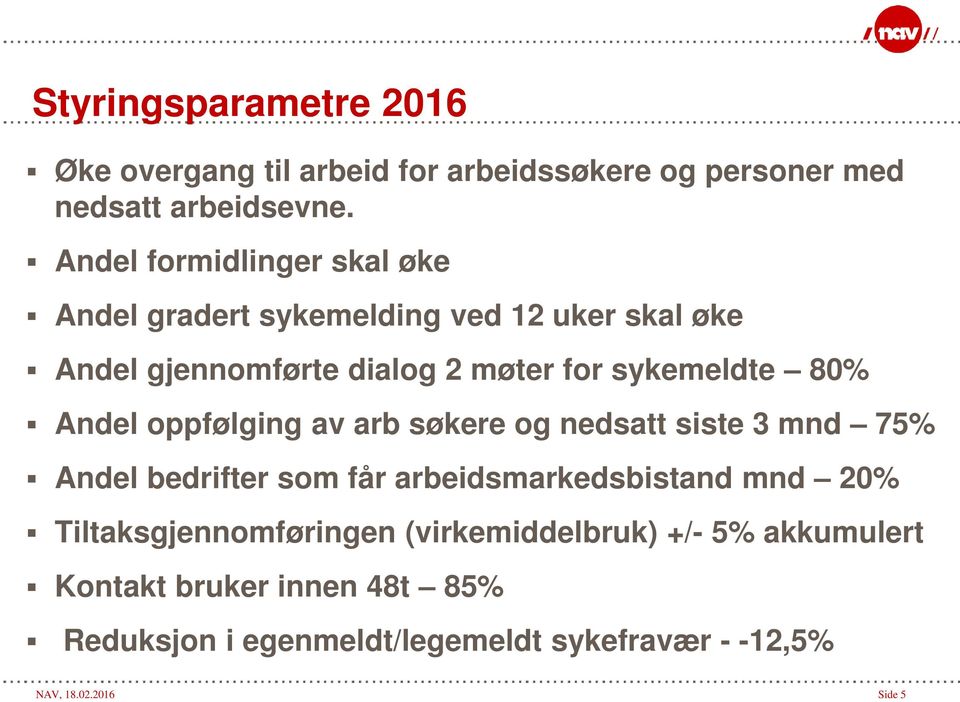 80% Andel oppfølging av arb søkere og nedsatt siste 3 mnd 75% Andel bedrifter som får arbeidsmarkedsbistand mnd 20%