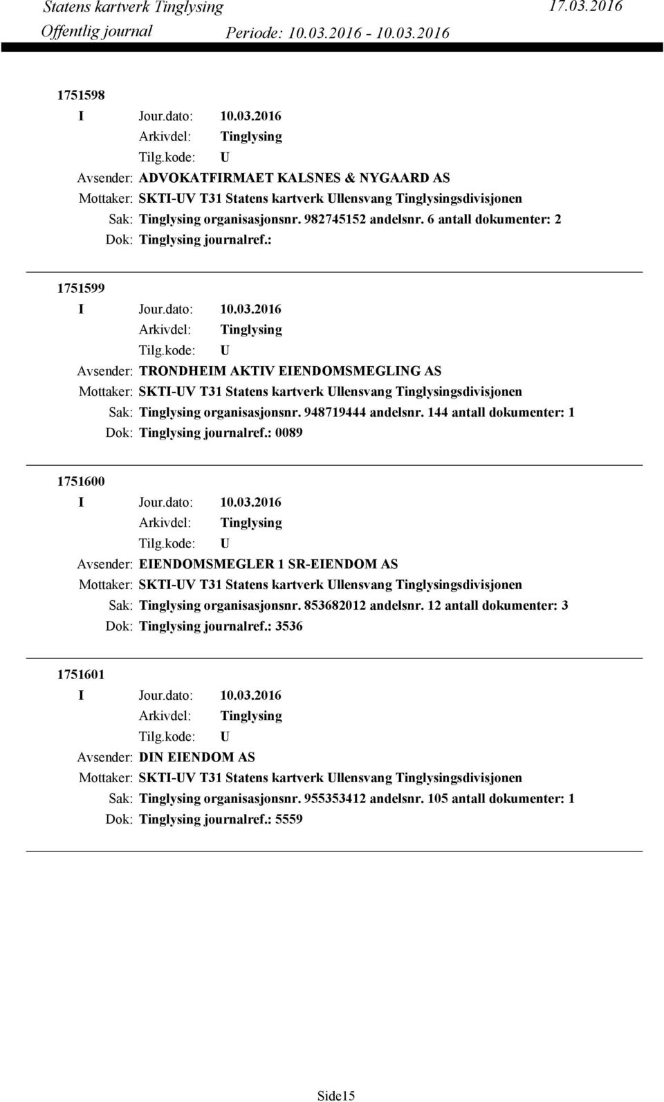 144 antall dokumenter: 1 Dok: journalref.: 0089 1751600 Avsender: EIENDOMSMEGLER 1 SR-EIENDOM AS Mottaker: SKTI-V T31 Statens kartverk llensvang sdivisjonen organisasjonsnr. 853682012 andelsnr.