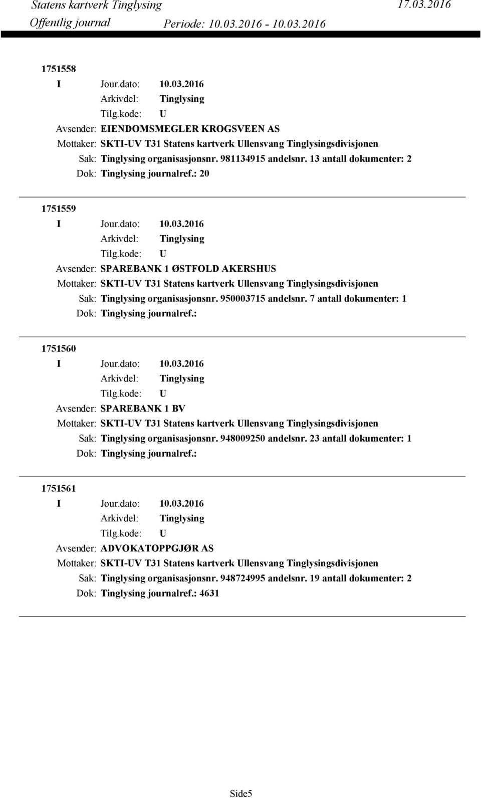 7 antall dokumenter: 1 Dok: journalref.: 1751560 Avsender: SPAREBANK 1 BV Mottaker: SKTI-V T31 Statens kartverk llensvang sdivisjonen organisasjonsnr. 948009250 andelsnr.