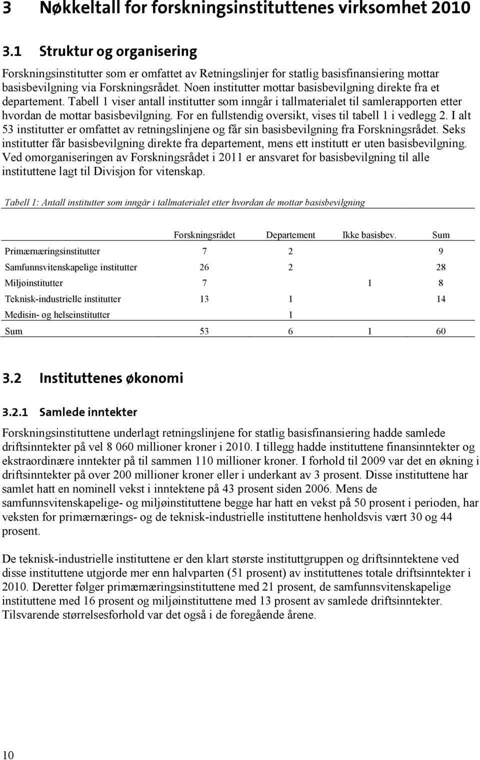 Noen institutter mottar basisbevilgning direkte fra et departement. Tabell 1 viser antall institutter som inngår i tallmaterialet til samlerapporten etter hvordan de mottar basisbevilgning.