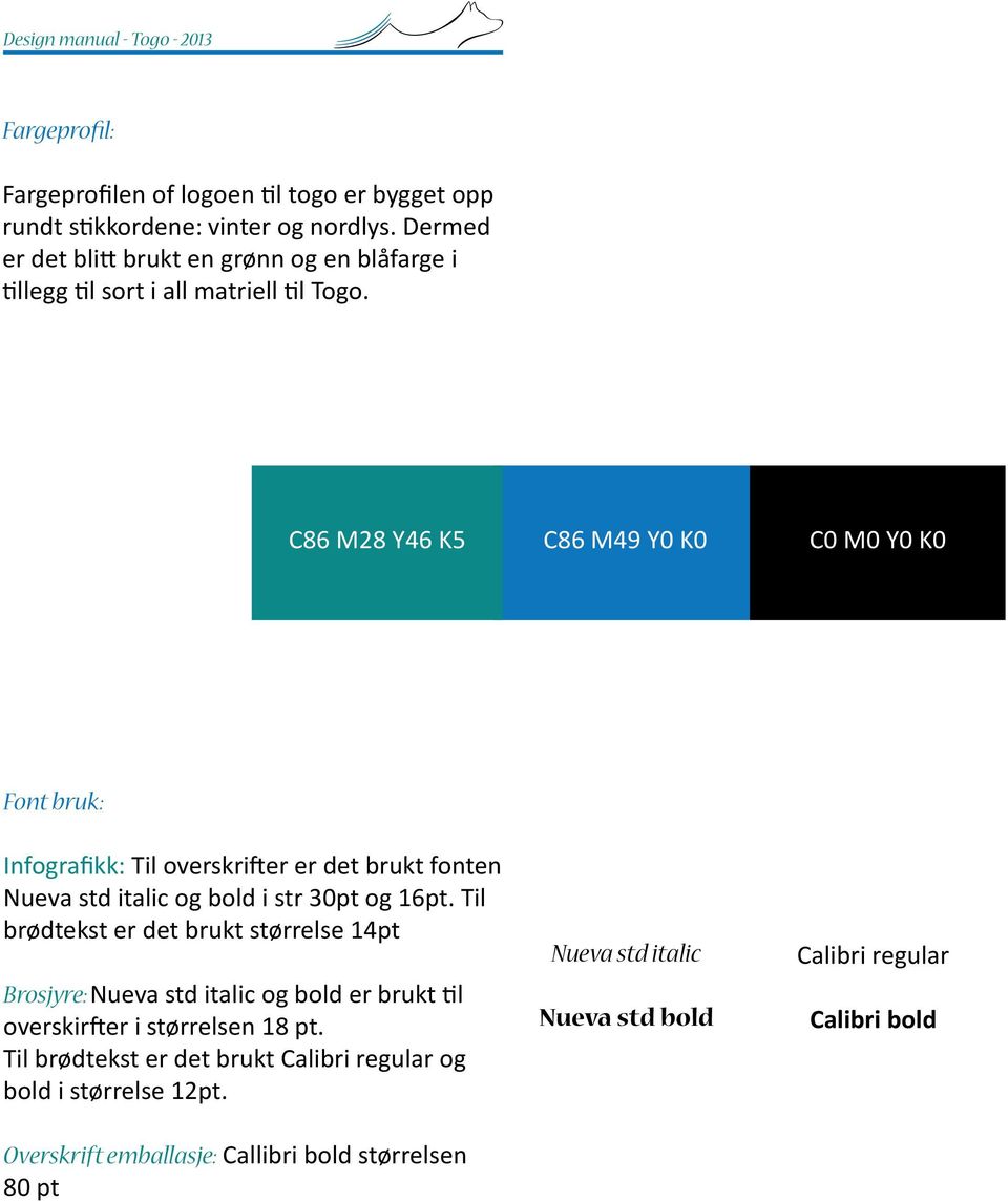 C86 M28 Y46 K5 C86 M49 Y0 K0 C0 M0 Y0 K0 Font bruk: Infografikk: Til overskrifter er det brukt fonten Nueva std italic og bold i str 30pt og 16pt.