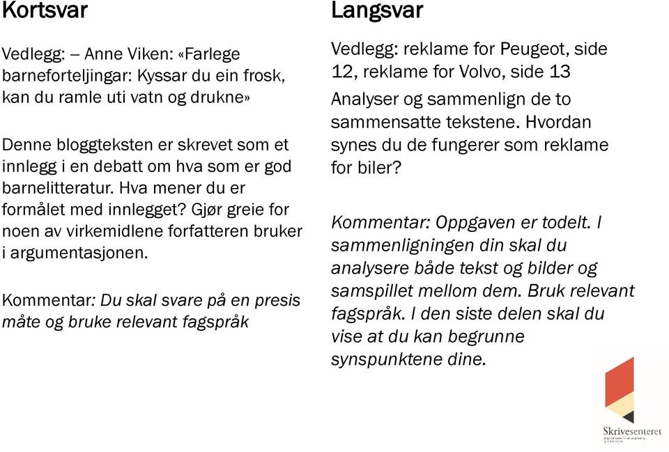 Kommentar: Du skal svare på en presis måte og bruke relevant fagspråk Langsvar Vedlegg: reklame for Peugeot, side 12, reklame for Volvo, side 13 Analyser og sammenlign de to sammensatte