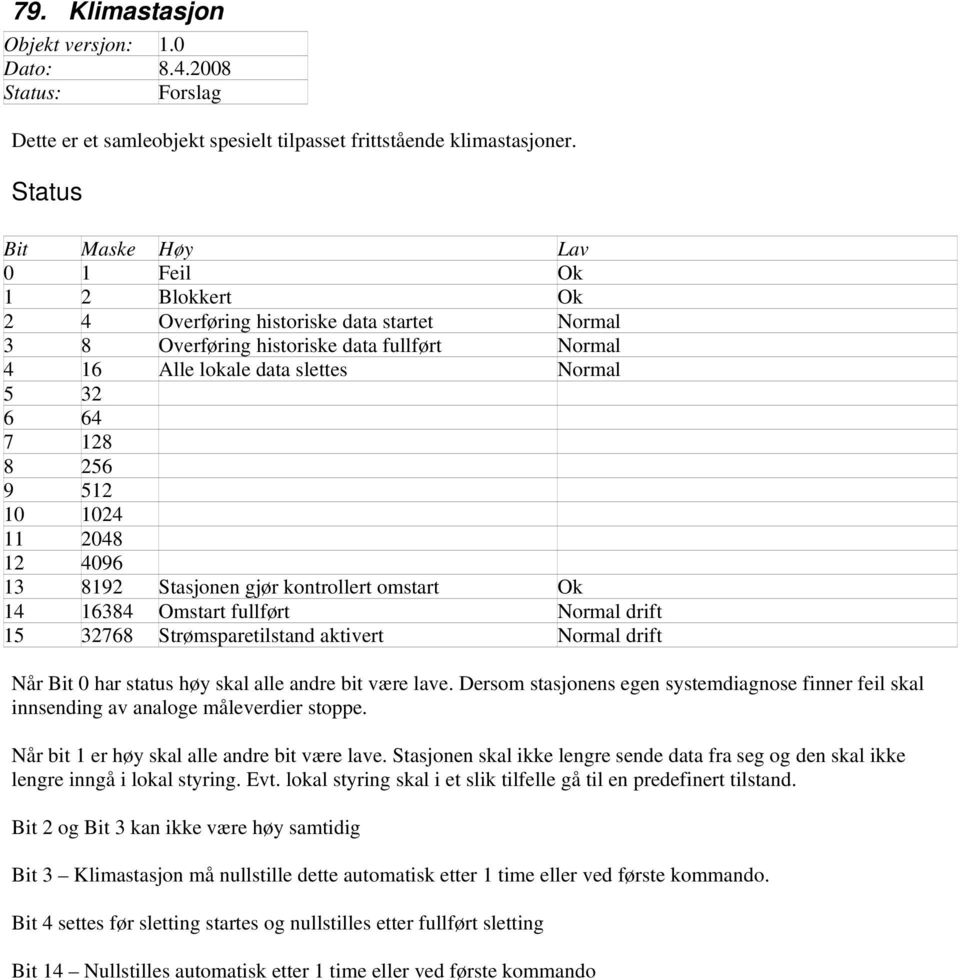 omstart Ok 1384 Omstart fullført Normal drift 1768 Strømsparetilstand aktivert Normal drift Når Bit 0 har status høy skal alle andre bit være lave.