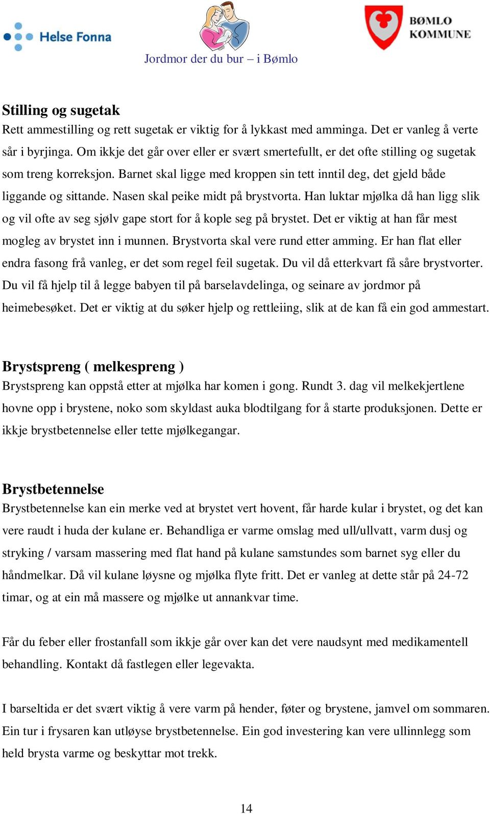 Nasen skal peike midt på brystvorta. Han luktar mjølka då han ligg slik og vil ofte av seg sjølv gape stort for å kople seg på brystet. Det er viktig at han får mest mogleg av brystet inn i munnen.