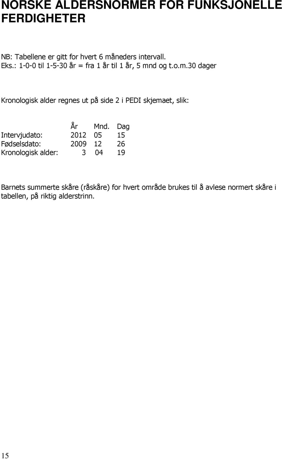 d og t.o.m.30 dager Kronologisk alder regnes ut på side 2 i PEDI skjemaet, slik: År Mnd.