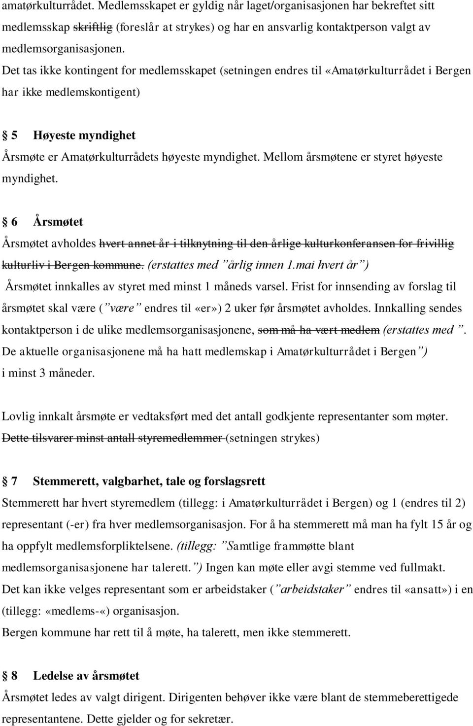 Mellom årsmøtene er styret høyeste myndighet. 6 Årsmøtet Årsmøtet avholdes hvert annet år i tilknytning til den årlige kulturkonferansen for frivillig kulturliv i Bergen kommune.