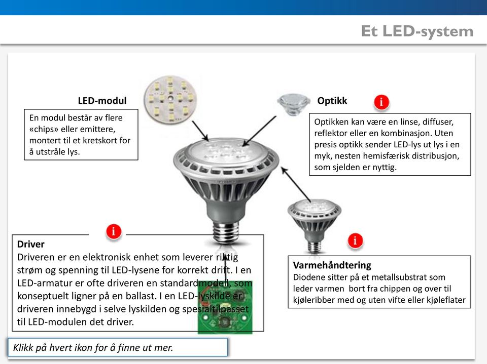 Driver Driveren er en elektronisk enhet som leverer riktig strøm og spenning til LED-lysene for korrekt drift.