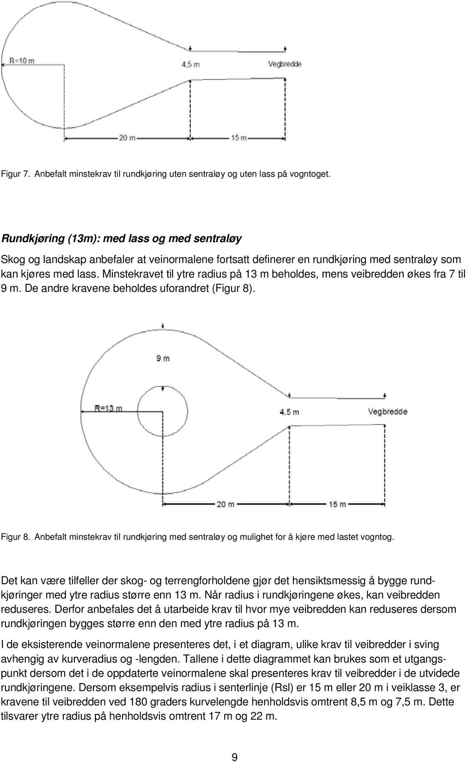 Minstekravet til ytre radius på 13 m beholdes, mens veibredden økes fra 7 til 9 m. De andre kravene beholdes uforandret (Figur 8). Figur 8.