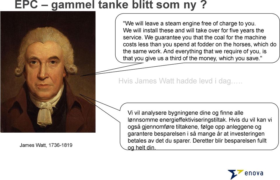 And everything that we require of you, is that you give us a third of the money, which you save." Hvis James Watt hadde levd i dag.