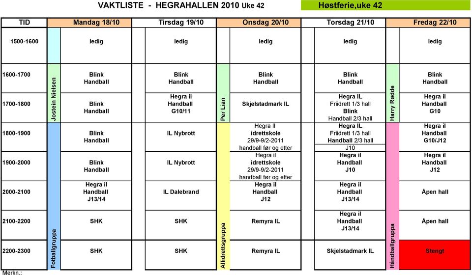 Tirsdag 19/10 Onsdag 20/10 Torsdag 21/10 Fredag 22/10 Hegra IL Hegra Il