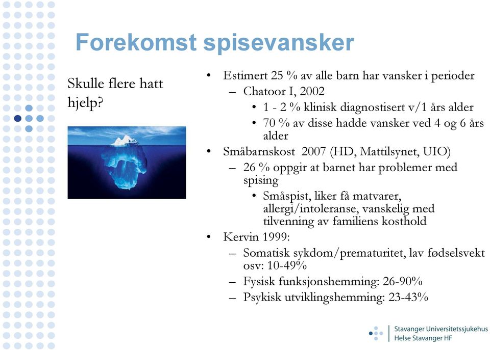 vansker ved 4 og 6 års alder Småbarnskost 2007 (HD, Mattilsynet, UIO) 26 % oppgir at barnet har problemer med spising Småspist,