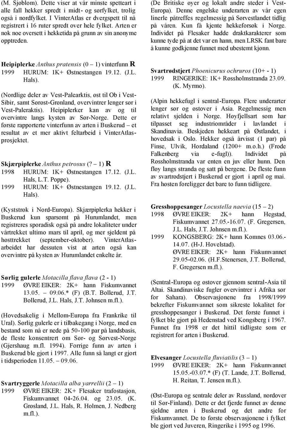 eipiplerke Anthus pratensis (0 1) vinterfunn R 1999 URUM: 1K+ Østnestangen 19.12. (J.L. als).