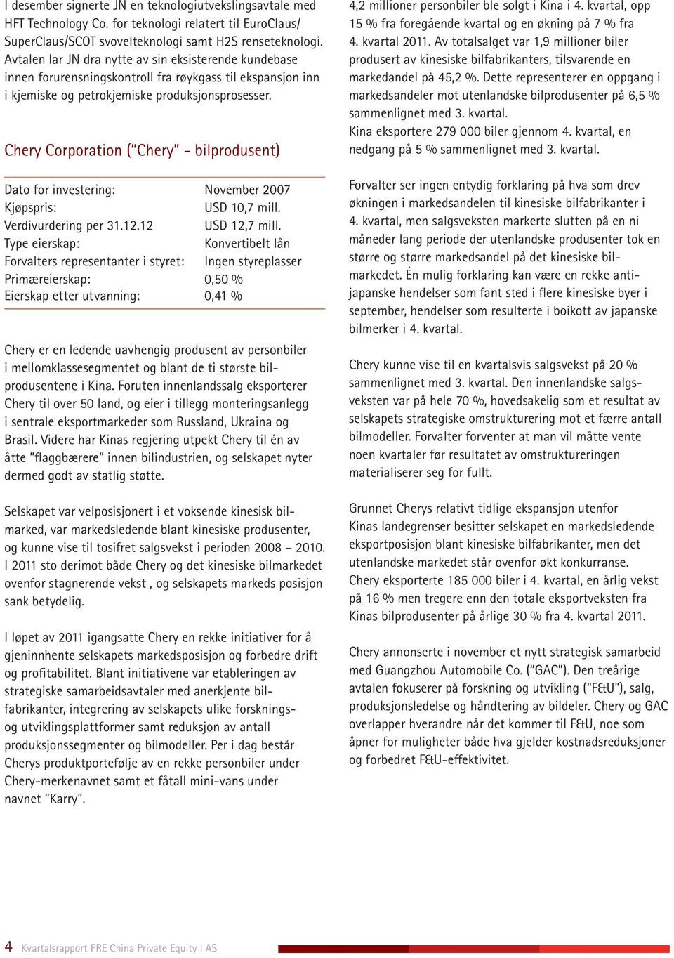 Chery Corporation ( Chery - bilprodusent) Dato for investering: November 2007 USD 10,7 mill. Verdivurdering per 31.12.12 USD 12,7 mill.