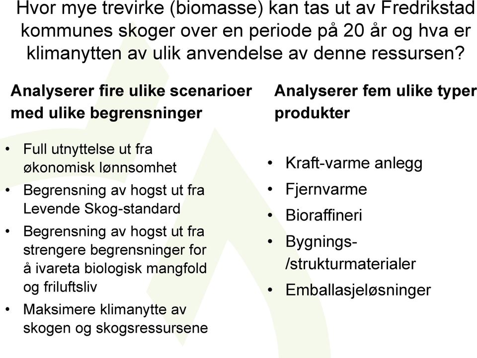 Analyserer fire ulike scenarioer med ulike begrensninger Analyserer fem ulike typer produkter Full utnyttelse ut fra økonomisk lønnsomhet