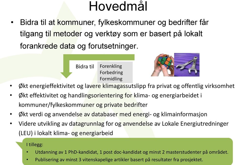 bedrifter Økt verdi og anvendelse av databaser med energi- og klimainformasjon Videre utvikling av datagrunnlag for og anvendelse av Lokale Energiutredninger (LEU) i lokalt klima- og