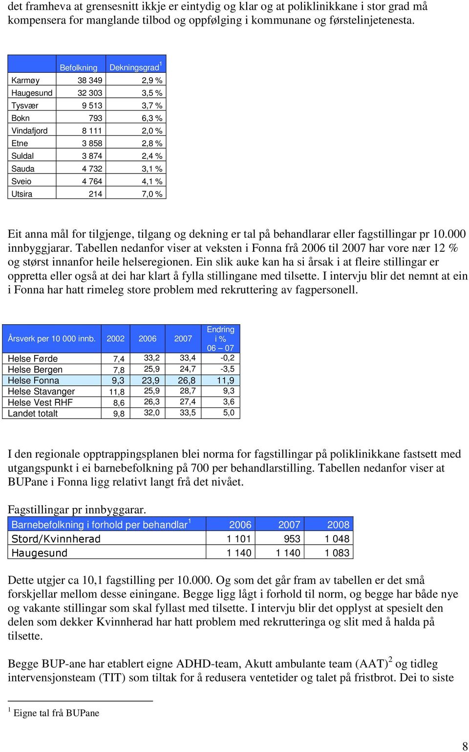 Utsira 214 7,0 % Eit anna mål for tilgjenge, tilgang og dekning er tal på behandlarar eller fagstillingar pr 10.000 innbyggjarar.