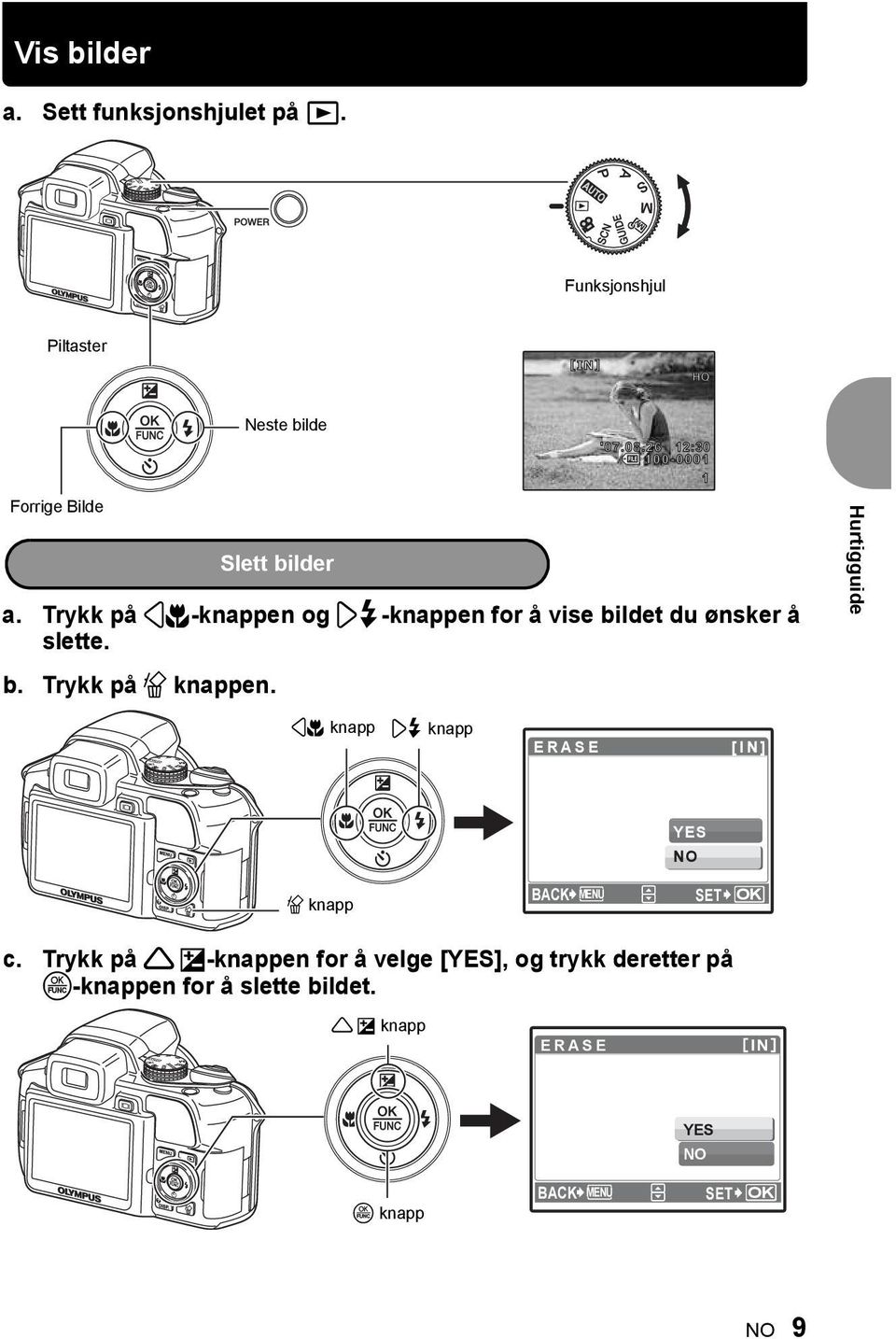 Slett bilder Hurtigguide 4& knapp 3# knapp ERASE [IN] YES NO S knapp BACK MENU SET OK c.