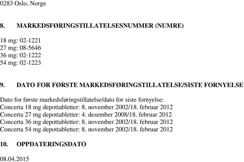 18 mg depottabletter: 8. november 2002/18. februar 2012 Concerta 27 mg depottabletter: 4. desember 2008/18.