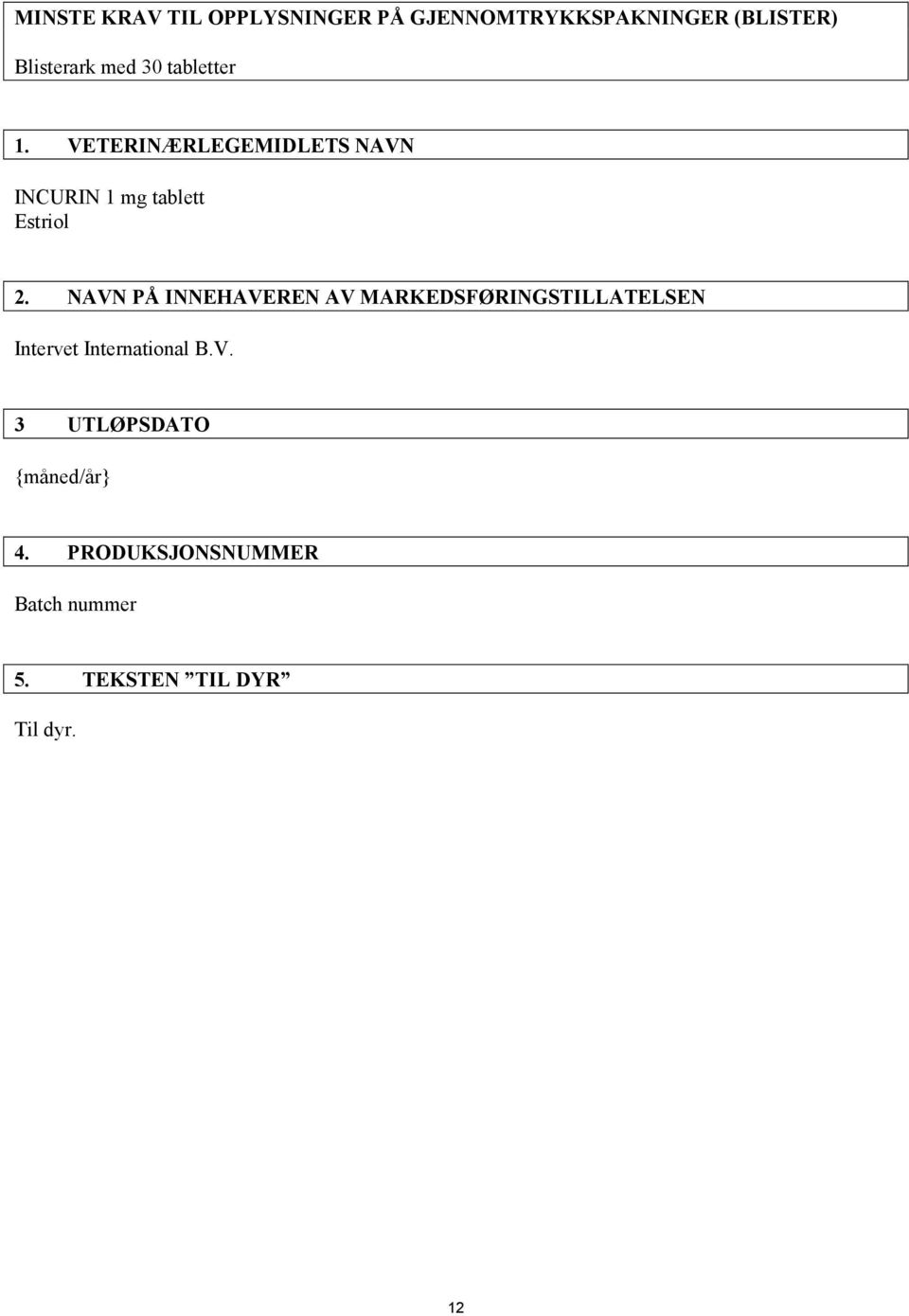 NAVN PÅ INNEHAVEREN AV MARKEDSFØRINGSTILLATELSEN Intervet International B.V. 3 UTLØPSDATO {måned/år} 4.