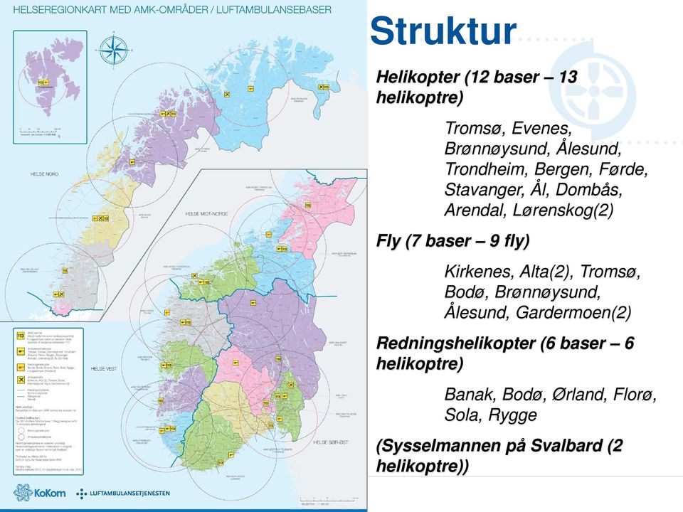 Kirkenes, Alta(2), Tromsø, Bodø, Brønnøysund, Ålesund, Gardermoen(2) Redningshelikopter (6