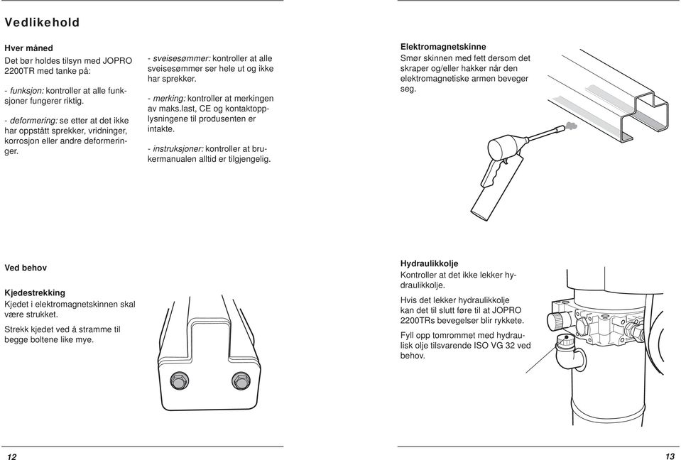 - merking: kontroller at merkingen av maks.last, CE og kontaktopplysningene til produsenten er intakte. - instruksjoner: kontroller at brukermanualen alltid er tilgjengelig.