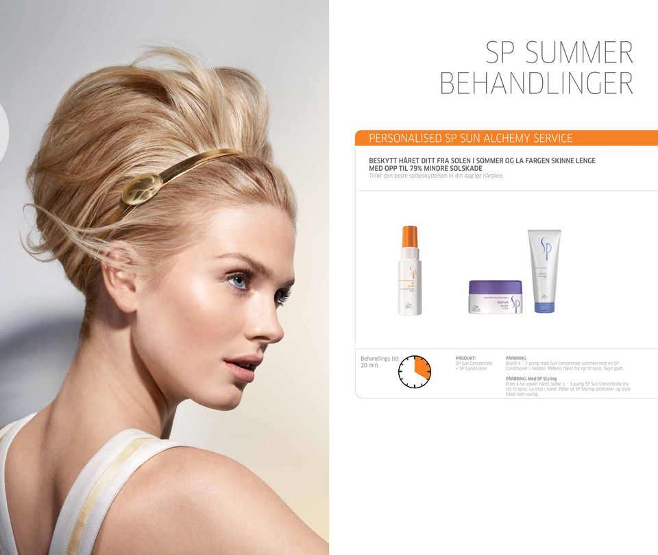 SP Sun Concentrate + SP Conditioner Bland 4 7 pump med Sun Concentrate sammen med en SP Conditioner i hånden.