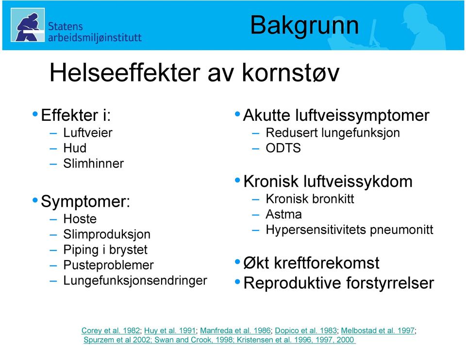 bronkitt Astma Hypersensitivitets pneumonitt Økt kreftforekomst Reproduktive forstyrrelser Corey et al. 1982; Huy et al.