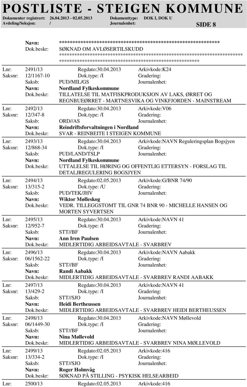 Regdato:30.04.2013 Arkivkode:V06 Saksnr: 12/347-8 Dok.type: /I Gradering: Saksb: ORD//AS Journalenhet: Reindriftsforvaltningen i Nordland SVAR - REINBEITE I STEIGEN KOMMUNE Lnr: 2493/13 Regdato:30.04.2013 Arkivkode:NAVN Reguleringsplan Bogsjyen Saksnr: 12/868-34 Dok.