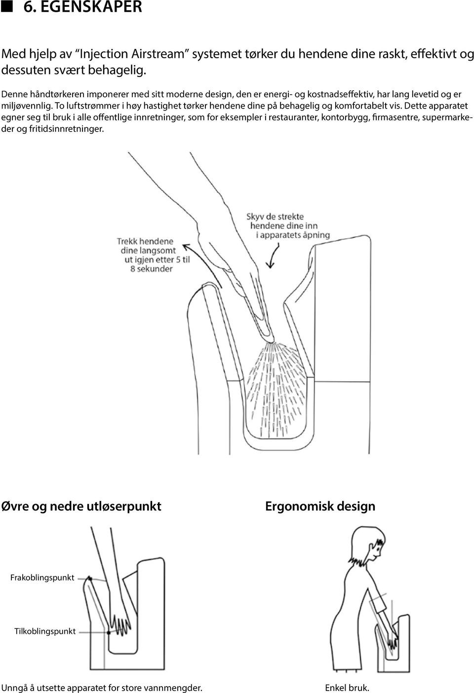 To luftstrømmer i høy hastighet tørker hendene dine på behagelig og komfortabelt vis.