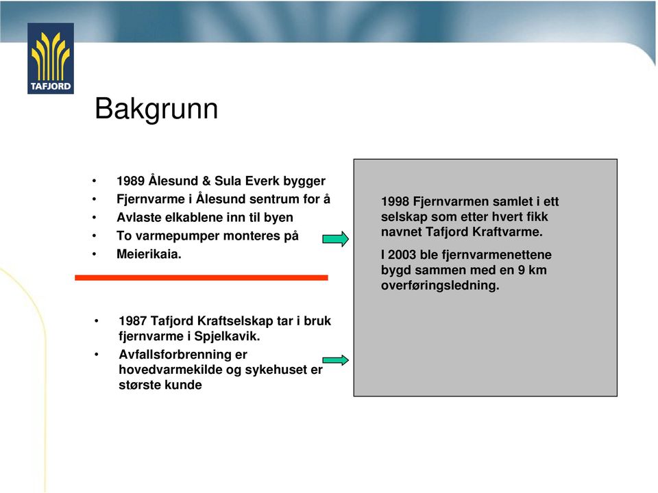 1998 fjernvarmeforsyningen 1998 Fjernvarmen samlet i ett selskap som etter hvert fikk navnet Tafjord Kraftvarme.