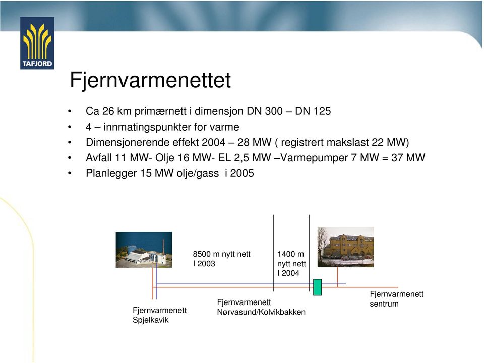 MW Varmepumper 7 MW = 37 MW Planlegger 15 MW olje/gass i 2005 8500 m nytt nett I 2003 1400 m