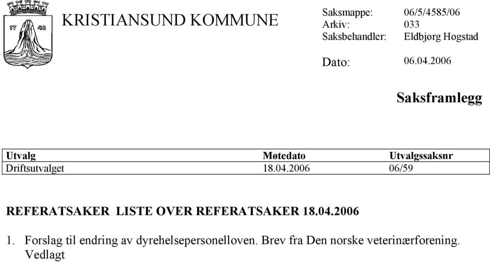 2006 Saksframlegg Utvalg Møtedato Utvalgssaksnr Driftsutvalget 18.04.