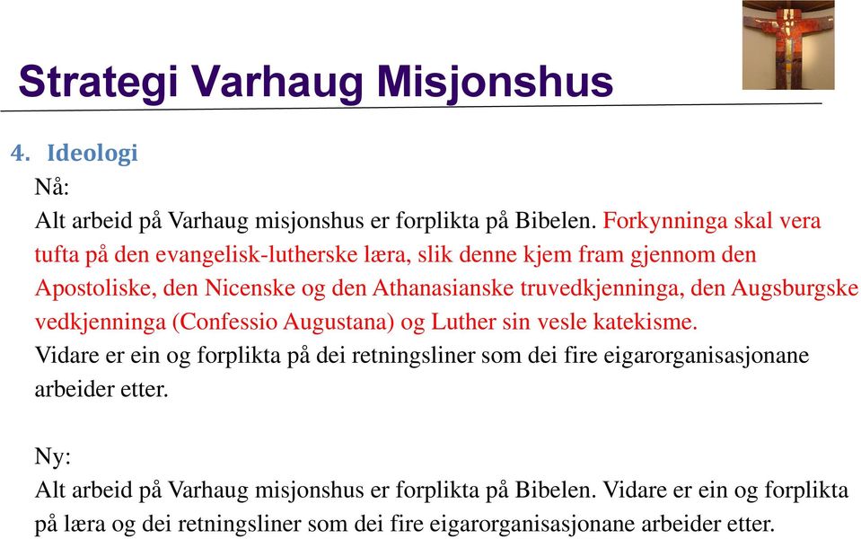truvedkjenninga, den Augsburgske vedkjenninga (Confessio Augustana) og Luther sin vesle katekisme.