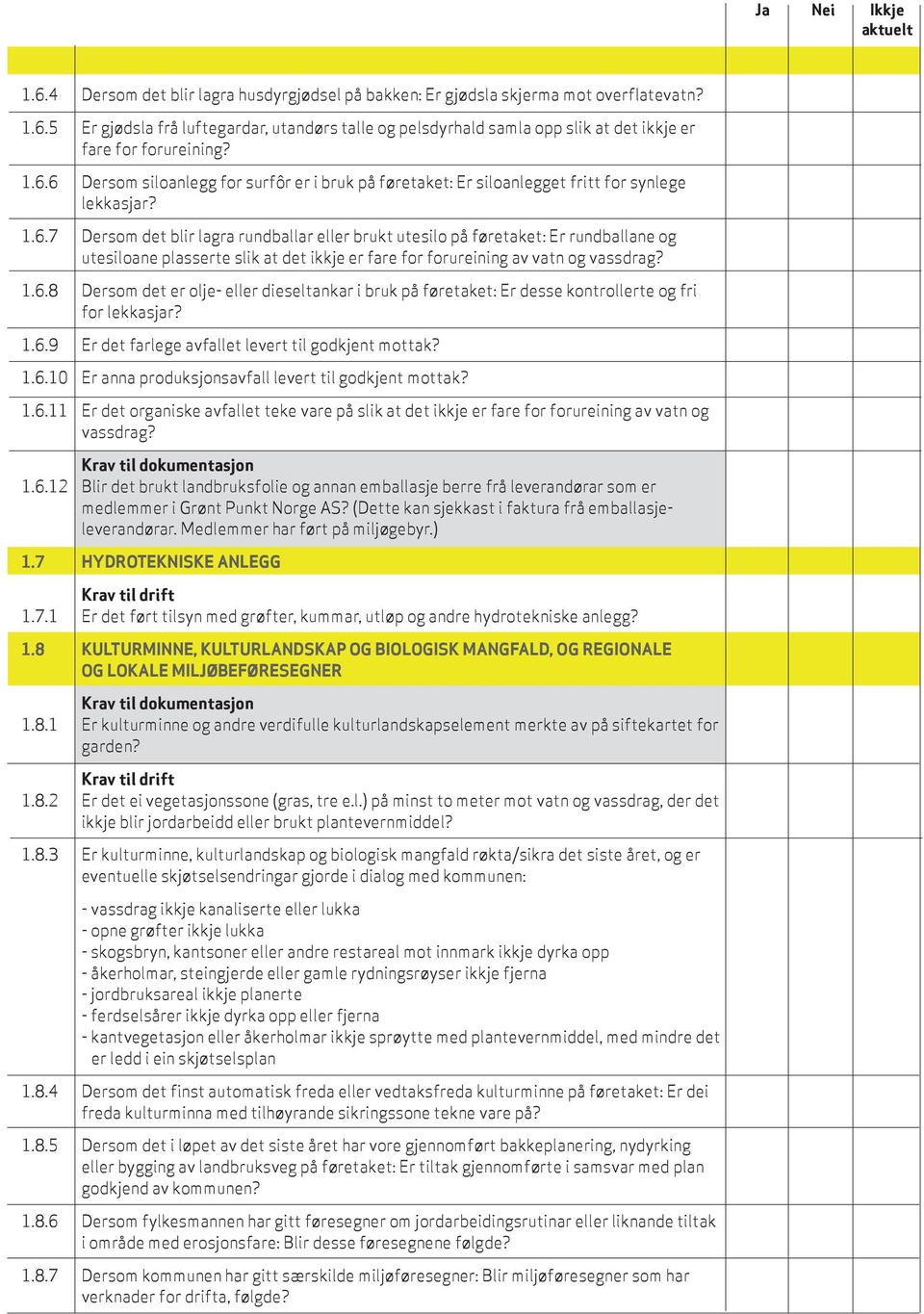 1.6.8 Dersom det er olje- eller dieseltankar i bruk på føretaket: Er desse kontrollerte og fri for lekkasjar? 1.6.9 Er det farlege avfallet levert til godkjent mottak? 1.6.10 Er anna produksjonsavfall levert til godkjent mottak?