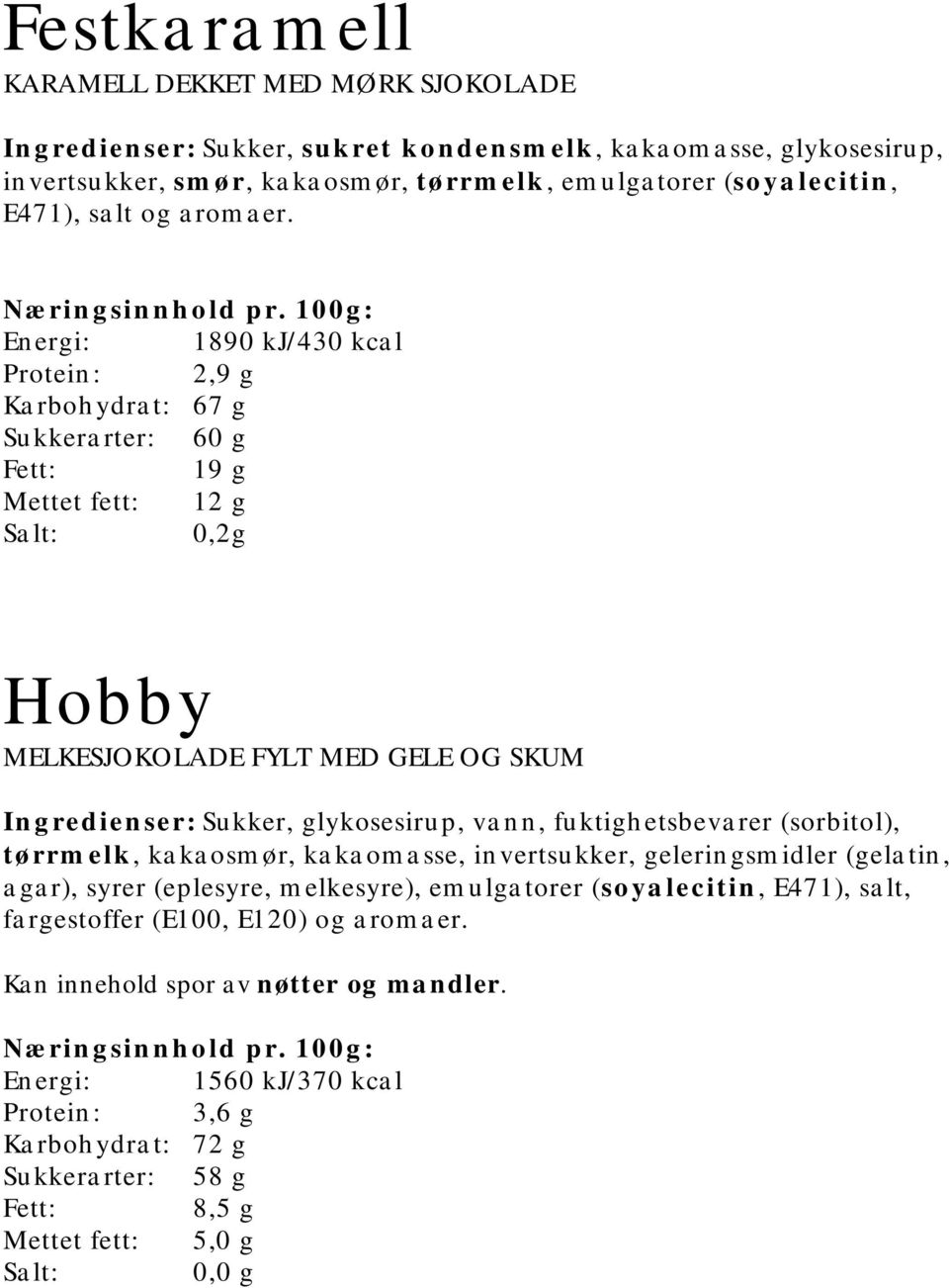 Energi: 1890 kj/430 kcal Protein: 2,9 g Karbohydrat: 67 g Sukkerarter: 60 g 19 g Mettet fett: 12 g 0,2g Hobby MELKESJOKOLADE FYLT MED GELE OG SKUM Ingredienser: Sukker, glykosesirup,