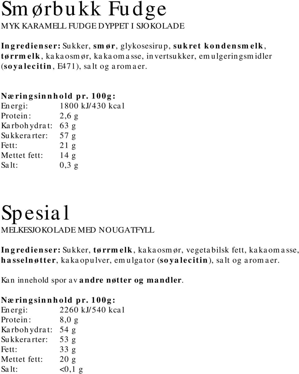 Energi: 1800 kj/430 kcal Protein: 2,6 g Karbohydrat: 63 g Sukkerarter: 57 g 21 g Mettet fett: 14 g 0,3 g Spesial MELKESJOKOLADE MED NOUGATFYLL Ingredienser: