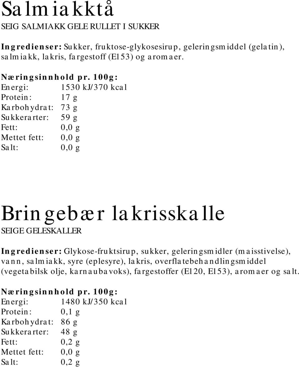 Energi: 1530 kj/370 kcal Protein: 17 g Karbohydrat: 73 g Sukkerarter: 59 g Mettet fett: Bringebær lakrisskalle SEIGE GELESKALLER Ingredienser: