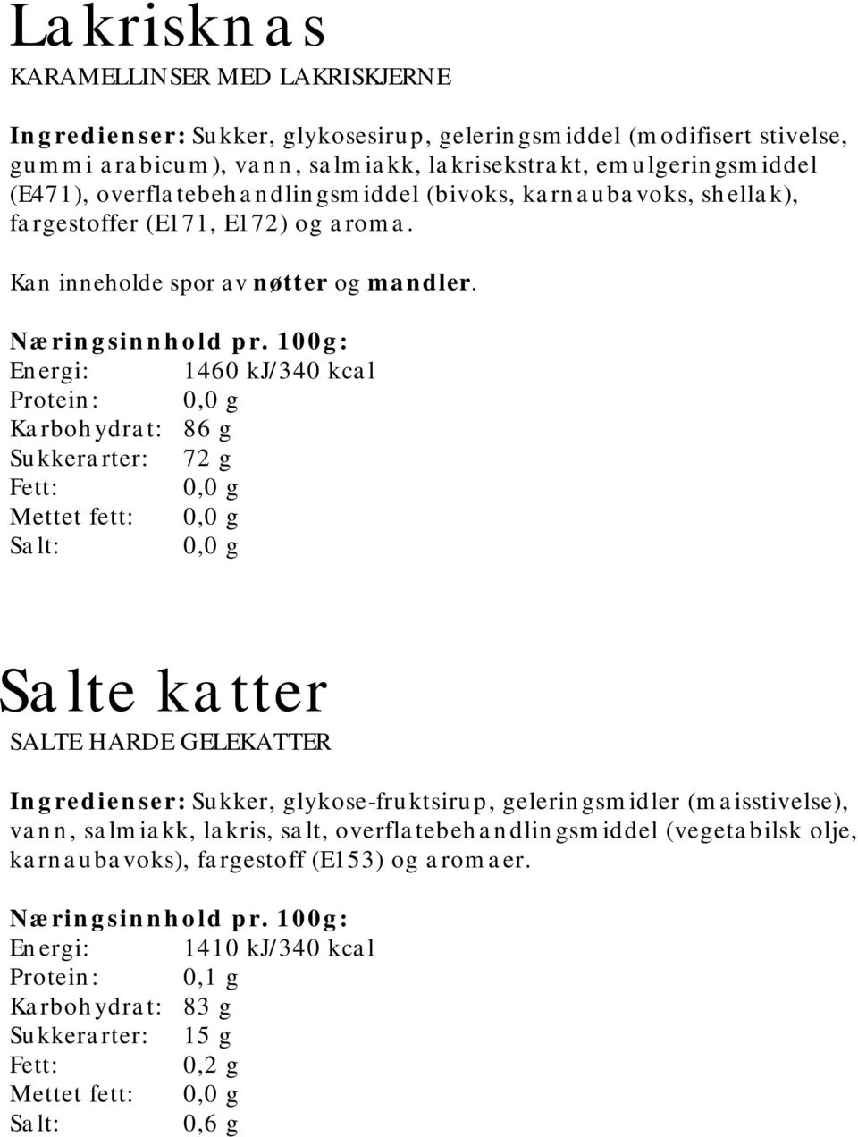 Energi: 1460 kj/340 kcal Protein: Karbohydrat: 86 g Sukkerarter: 72 g Mettet fett: Salte katter SALTE HARDE GELEKATTER Ingredienser: Sukker, glykose-fruktsirup, geleringsmidler