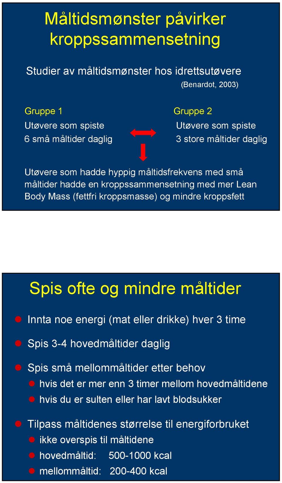 kroppsfett Spis ofte og mindre måltider Innta noe energi (mat eller drikke) hver 3 time Spis 3-4 hovedmåltider daglig Spis små mellommåltider etter behov hvis det er mer enn 3 timer