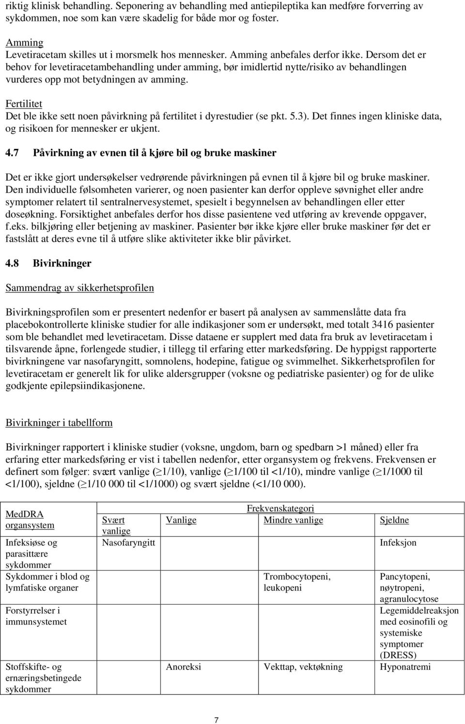 Dersom det er behov for levetiracetambehandling under amming, bør imidlertid nytte/risiko av behandlingen vurderes opp mot betydningen av amming.