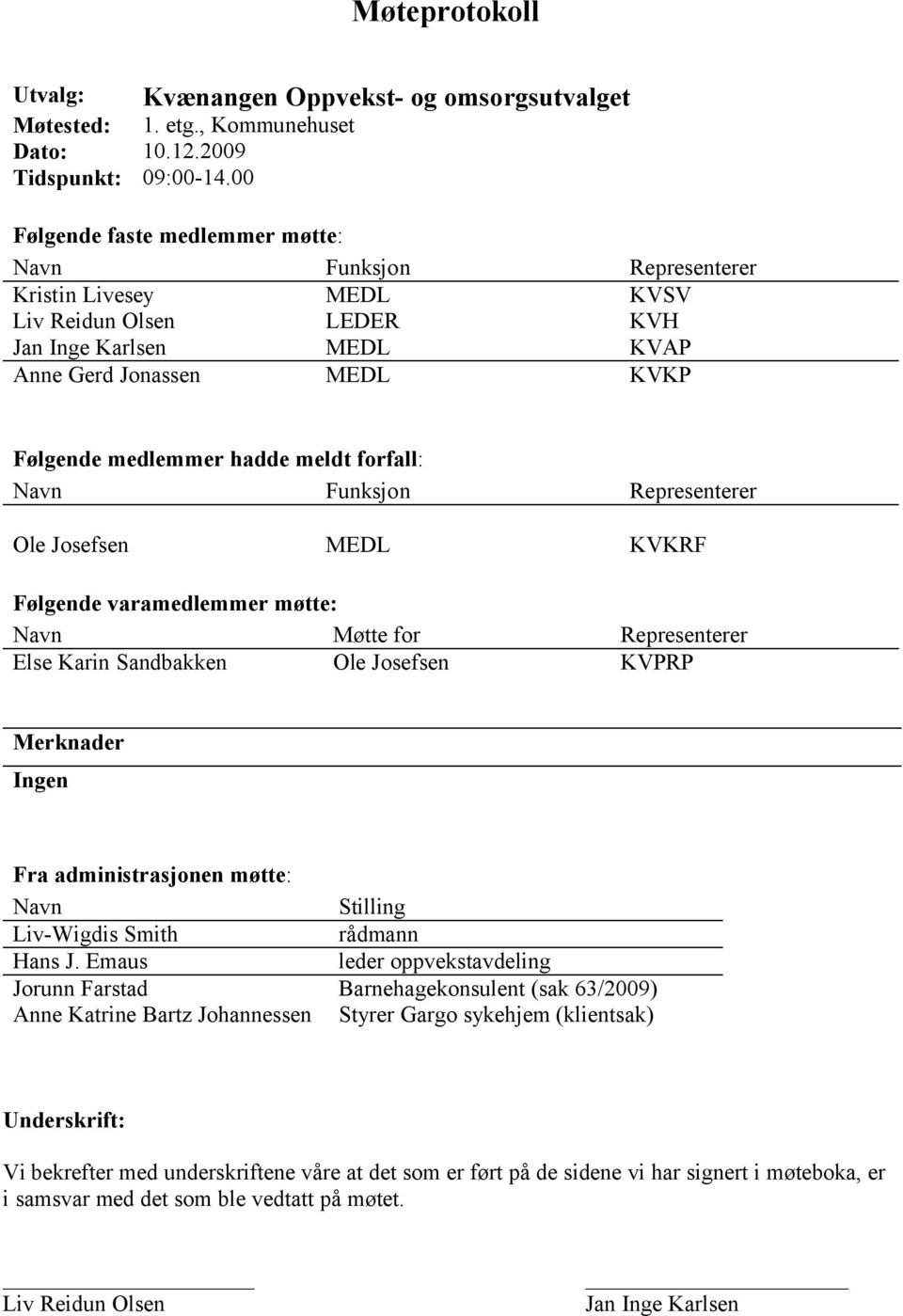 meldt forfall: Navn Funksjon Representerer Ole Josefsen MEDL KVKRF Følgende varamedlemmer møtte: Navn Møtte for Representerer Else Karin Sandbakken Ole Josefsen KVPRP Merknader Ingen Fra