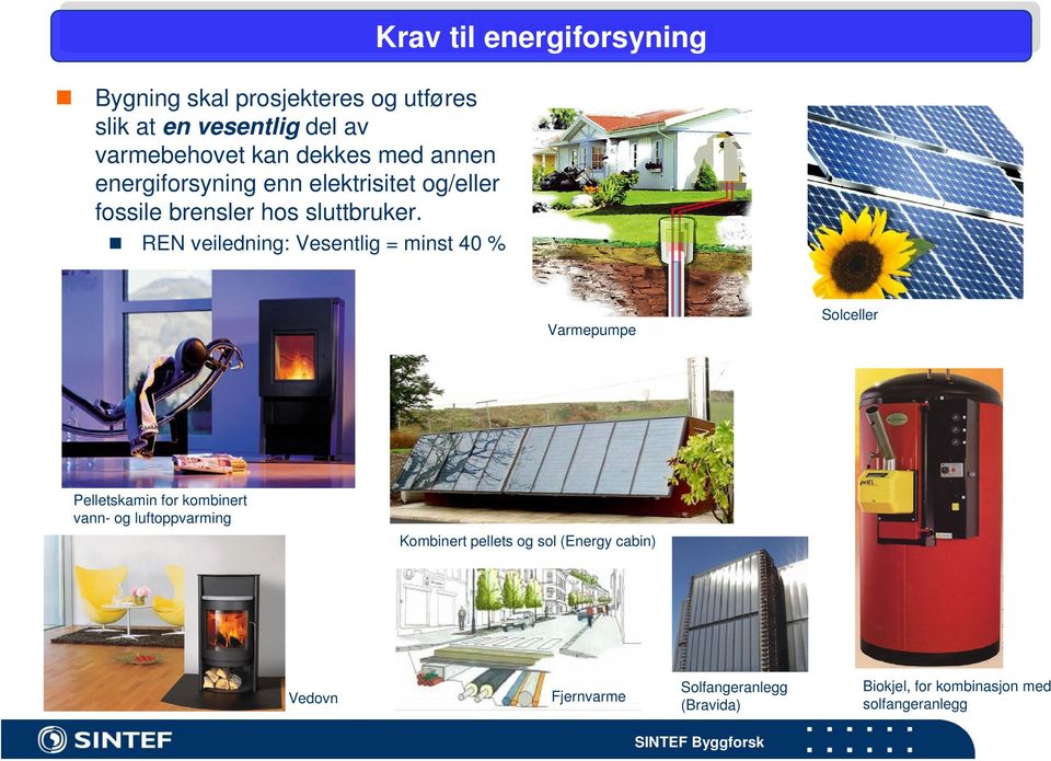 REN veiledning: Vesentlig = minst 40 % Krav til energiforsyning Krav til energiforsyning Varmepumpe Solceller